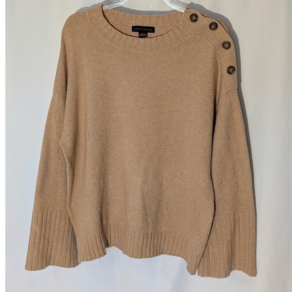 Sanctuary Womens Camel Tan Button Shoulder Crew Neck Sweater Size Large